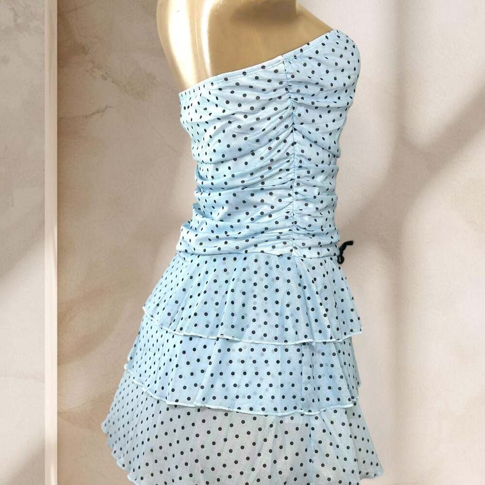 Blue Polka Dot Strapless Mini Dress – Ruched Ruffle Tiered Bow  Y2K Cute ✧ L - Picture 3 of 4
